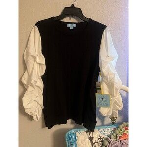 CeCe Black Knit Top White Puff Sleeve Pearl Detail Blouse Size L NWT renaissance
